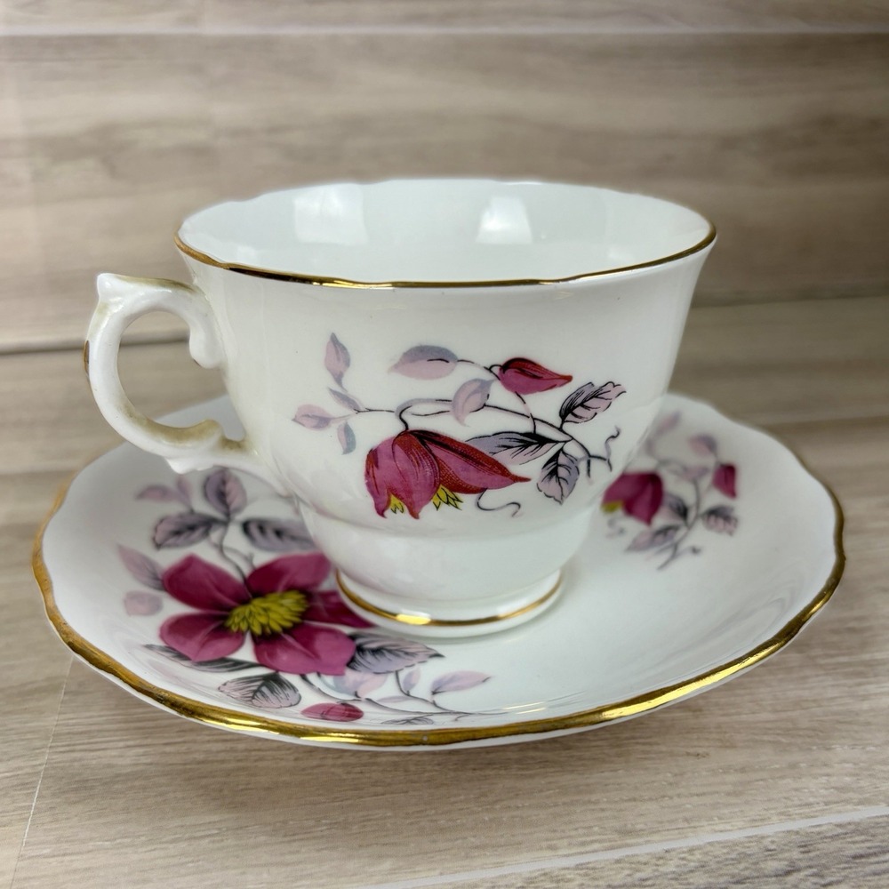 Royal Vale Bone China Teacup Saucer Floral Pink Gold Trim Cottagecore England